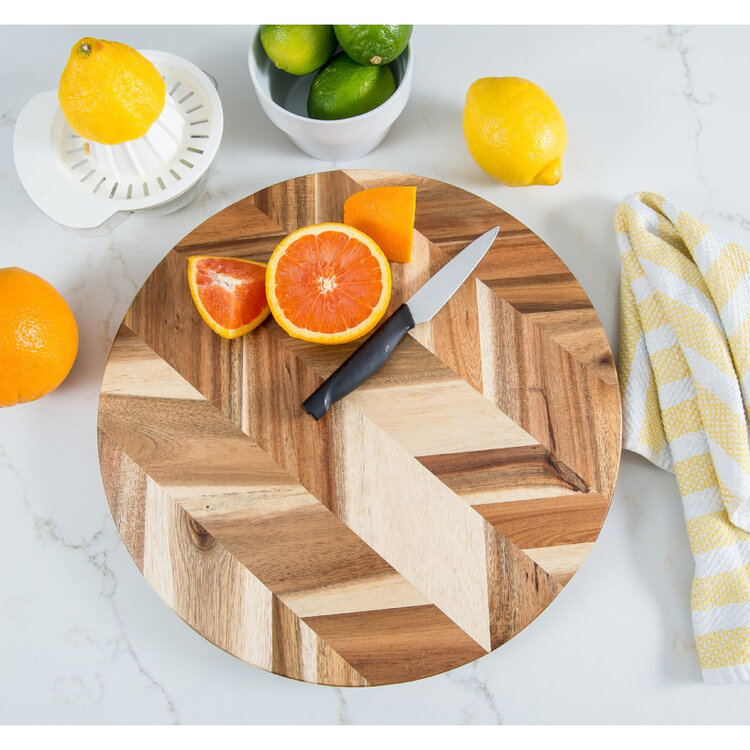 14" Round Herringbone Acacia Cutting or Serving Board with Inset Handles