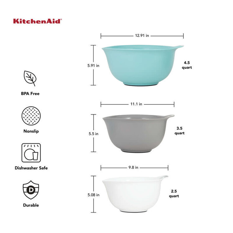 Kitchenaid Grey, Aqua, & White Mixing Bowls