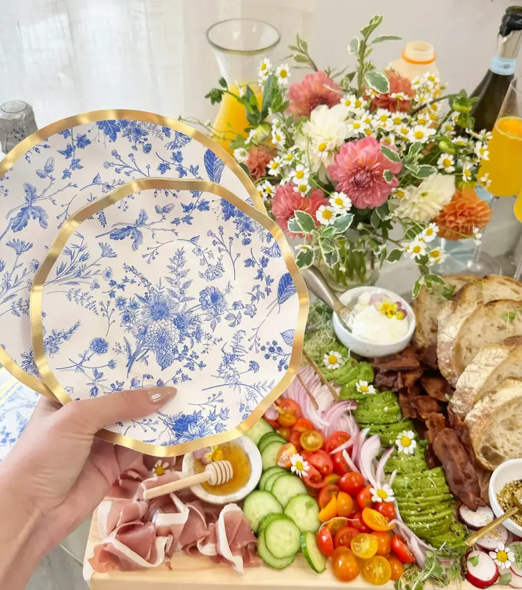 Blue Floral Paper Dessert Plates, set of 8