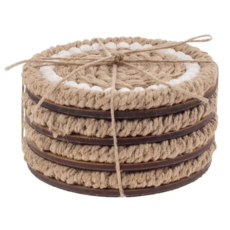 Jute & White Beaded Coasters, set of 4