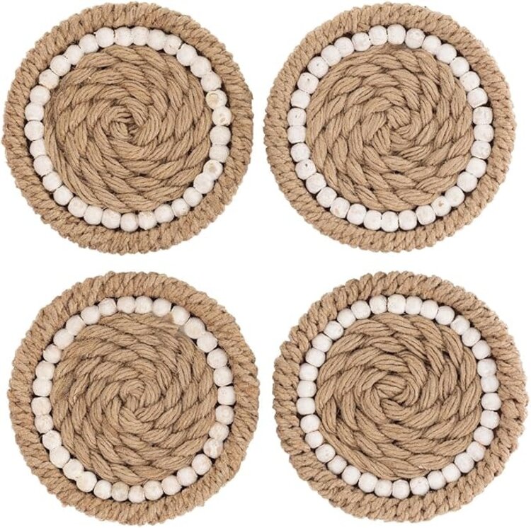 Jute & White Beaded Coasters, set of 4