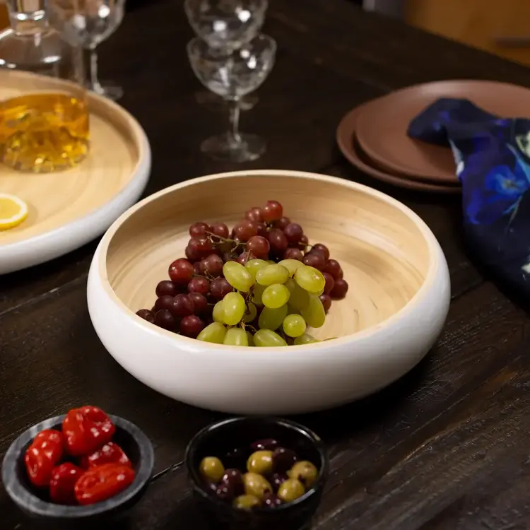 12" White & Bamboo Serving Bowl