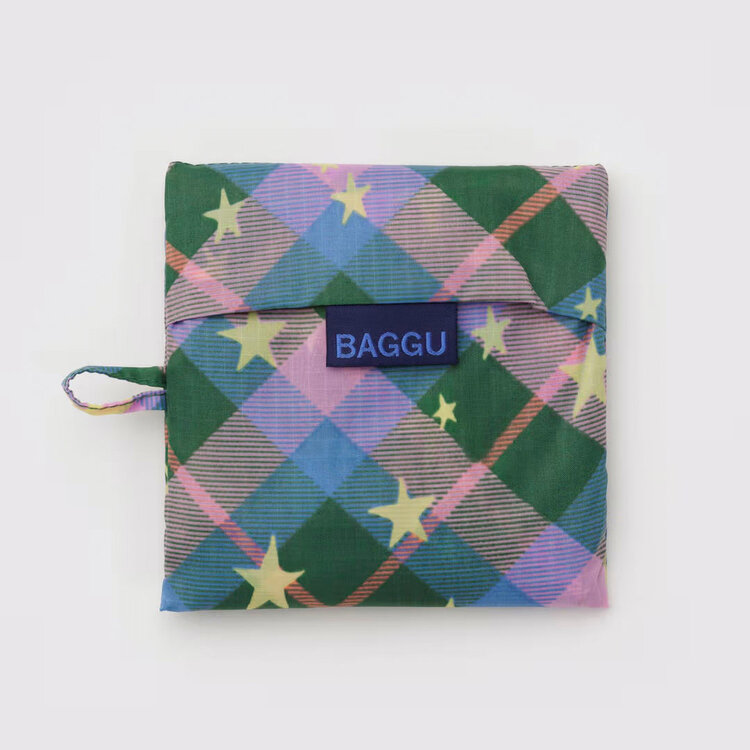 Baggu Green Star Plaid Baggu Reusable Tote Bag