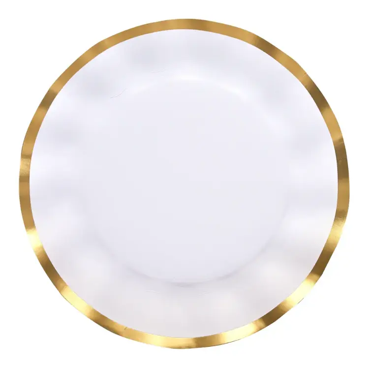 White Paper Dinner Plates with Gold Trim, set of 8