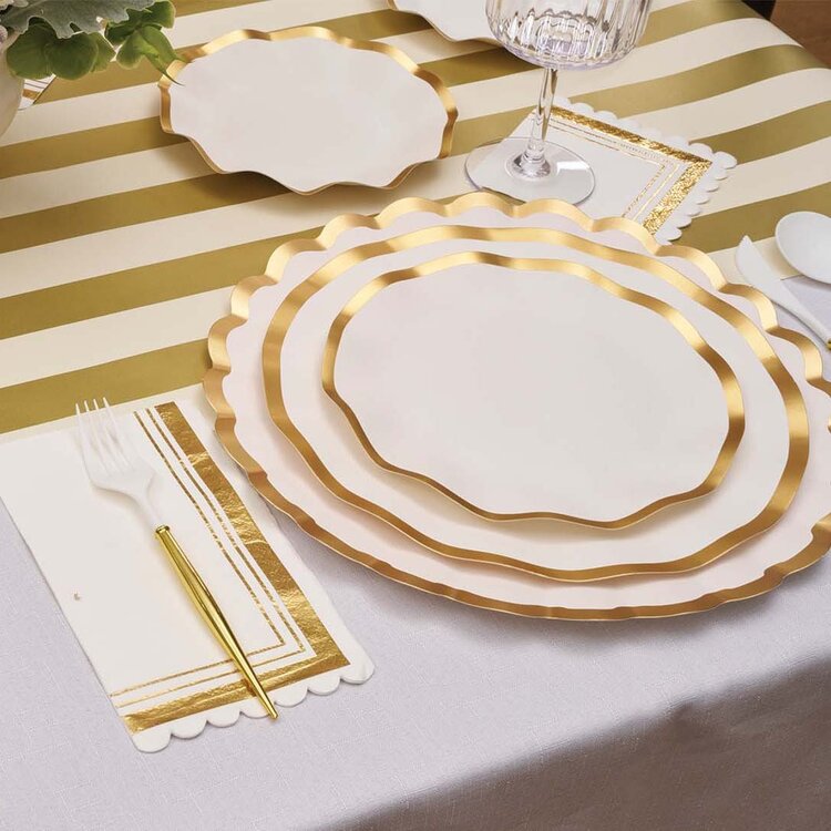 White Paper Dinner Plates with Gold Trim, set of 8