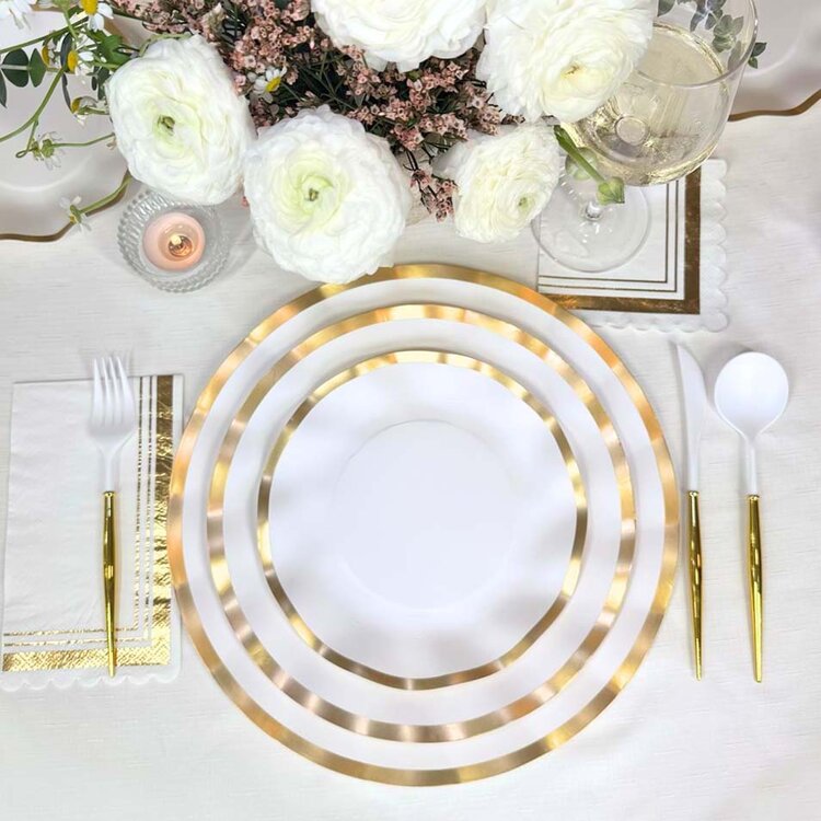 White Paper Dinner Plates with Gold Trim, set of 8