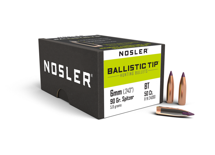 Nosler Ballistic Tip 6mm .243 dia 90gr Spitzer (50pk)