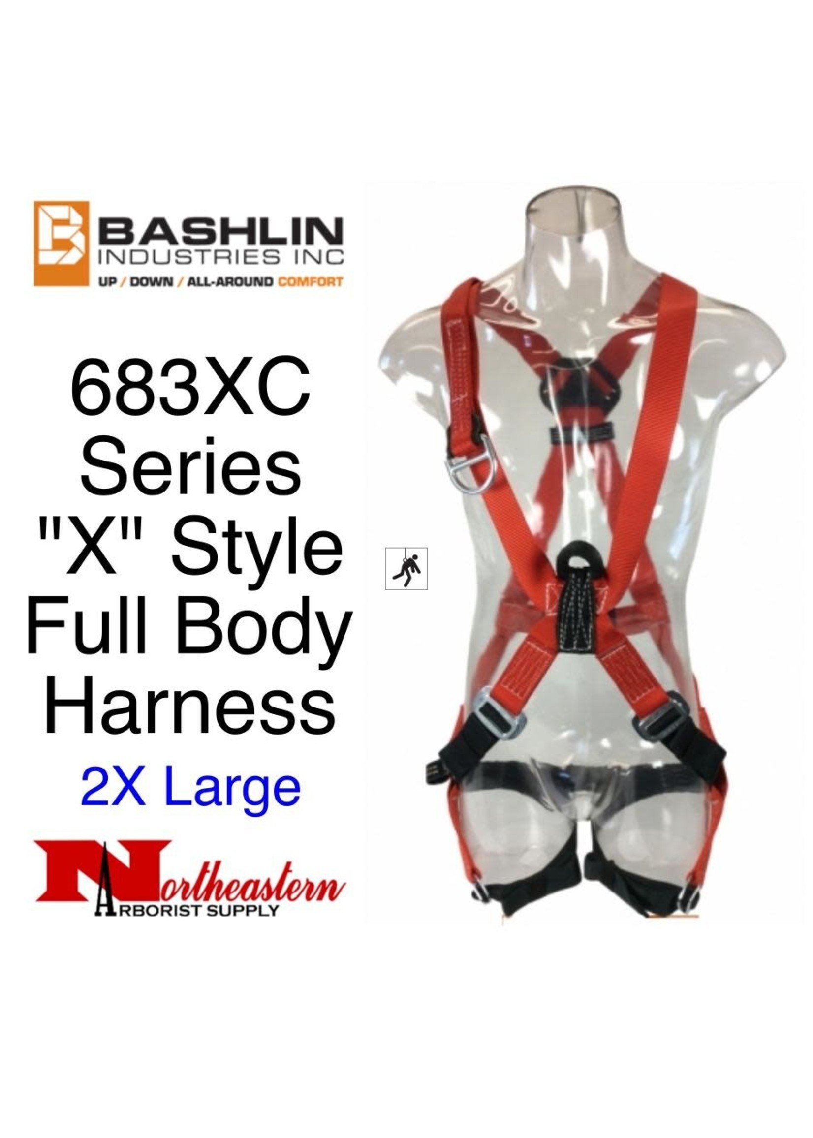 Bashlin FULL BODY HARNESS “X” style full body harness with 24” nylon back attachment and D-ring (“C" attachment).