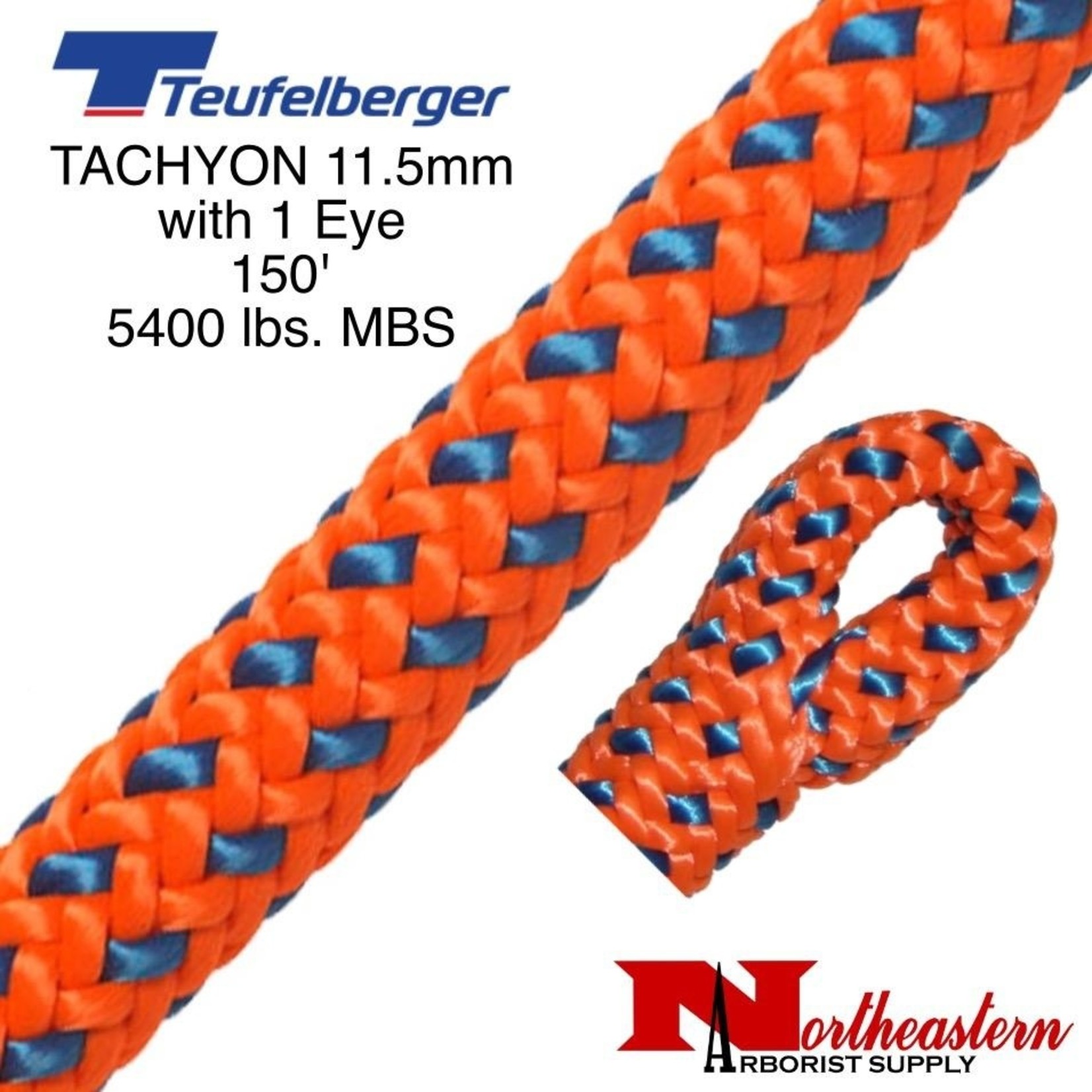 Teufelberger Tachyon 11.5mm x 150' 1" Eye One End, Orange/Blue 5400 Lbs. MBS