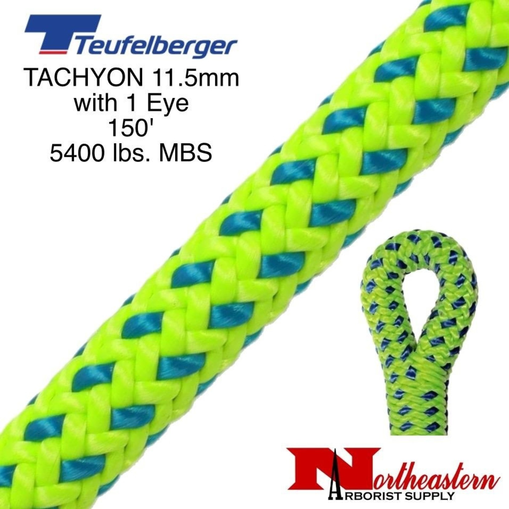 Teufelberger Tachyon 11.5mm x 150' 1" Eye One End, Green/Blue 5400 Lbs. MBS