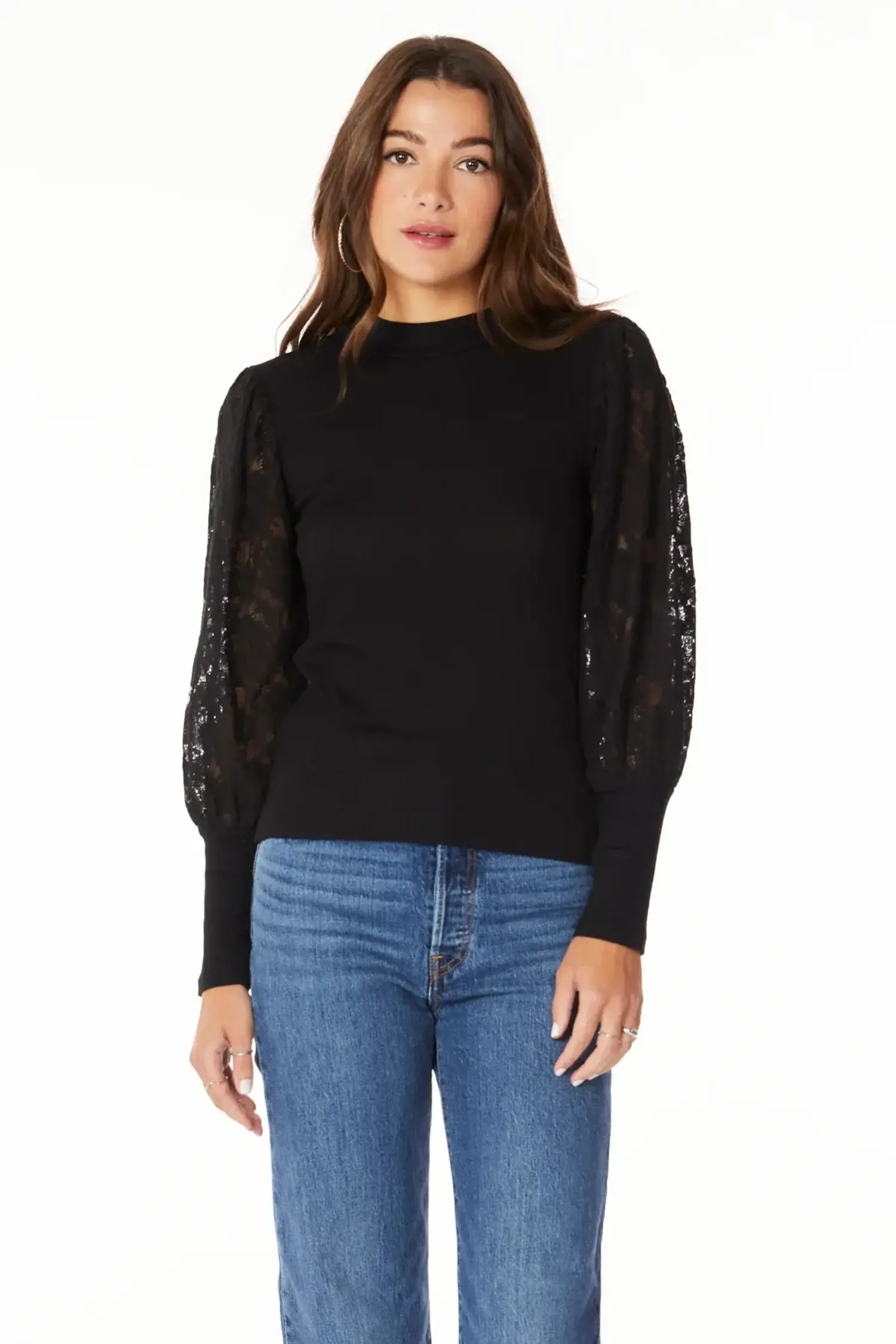 Bobi Mock Neck Lace Sleeve Top