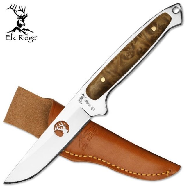 Elk Ridge ELK Ridge fixed Blade 7" Burl Wood Handle Leather Sheath