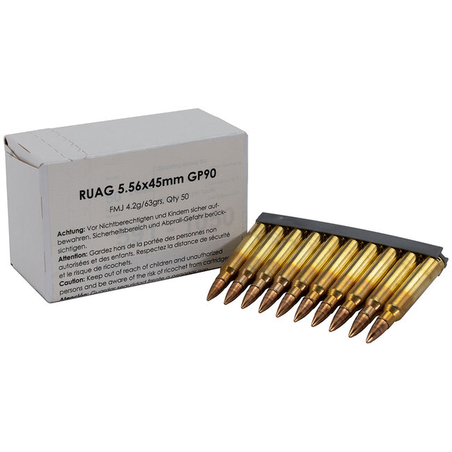 Gewehrpatrone 90 RUAG GP90: 5.56x45mm, 63 gr, FMJ Surplus Ammunition 50 Round Boxes