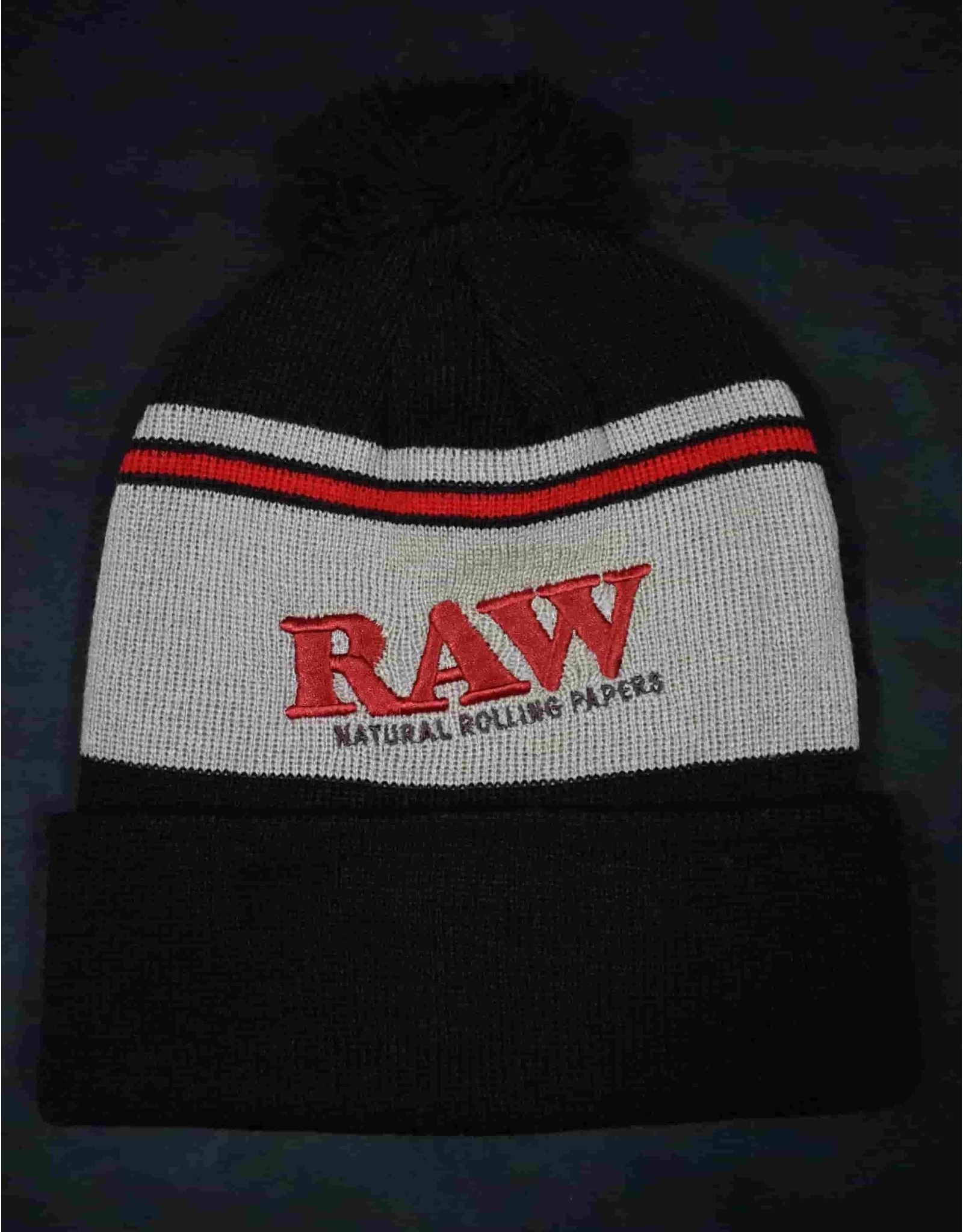 Raw Raw Pompom Beanie (Black and Brown w/ Logo) The Natural Way to Roll