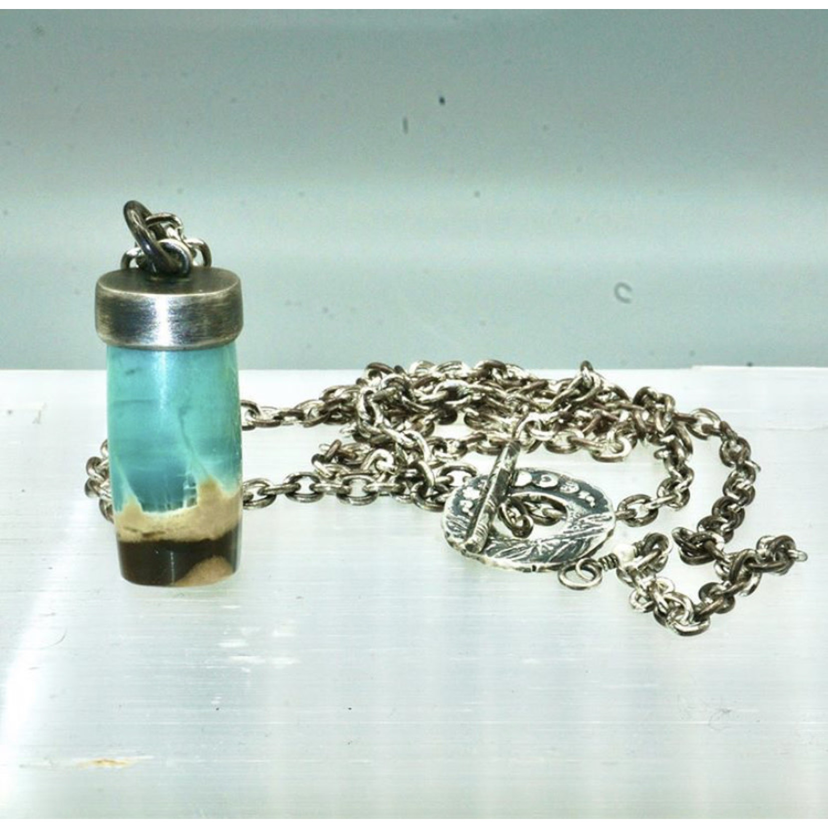 Opalized Wood Amulet w/long Oxidized silver chain necklace and ornate clasp