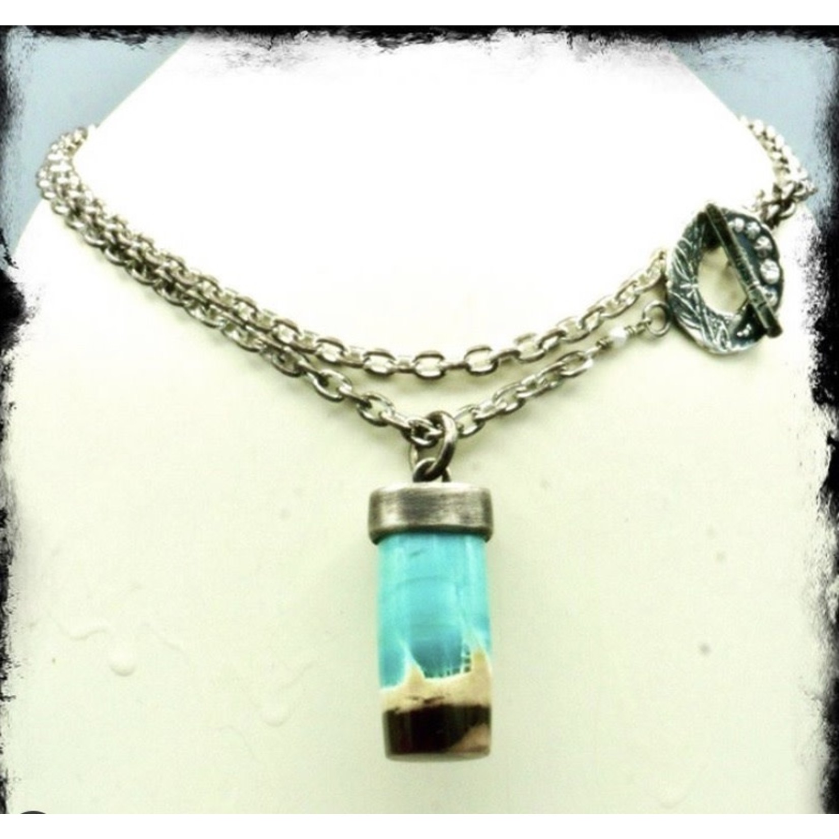 Opalized Wood Amulet w/long Oxidized silver chain necklace and ornate clasp