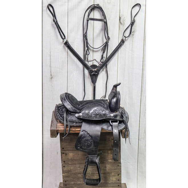 10" Pony Black Leather Saddle Kids Set Round