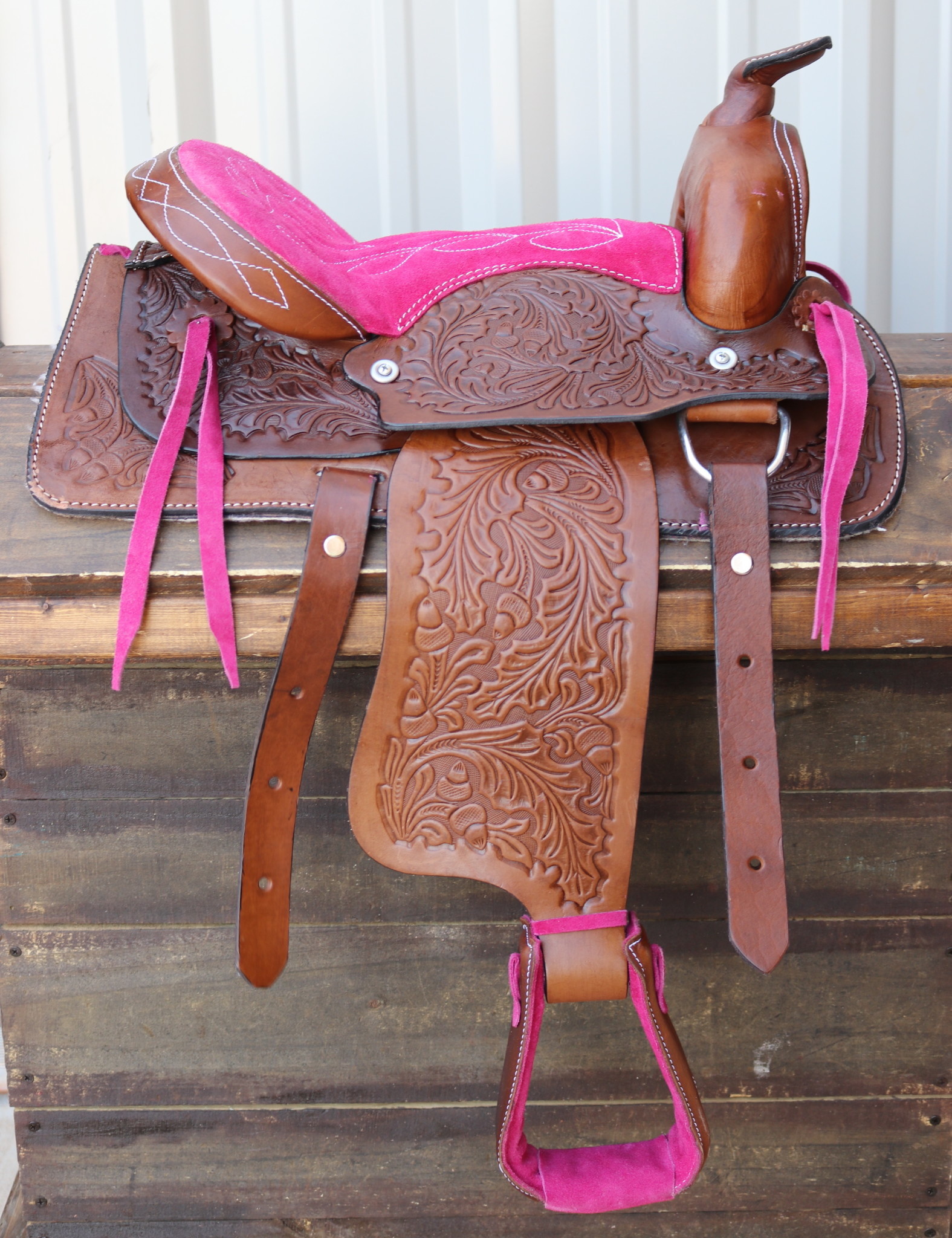 12" Western Saddle Mini Pony PINK RED BLACK ORANGE Suede Seats Leather Oak Leaf 