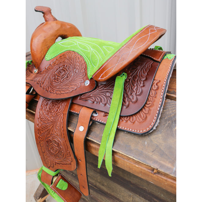 10" Lime Green Pony Western Kids Mini Horse Brown Saddle
