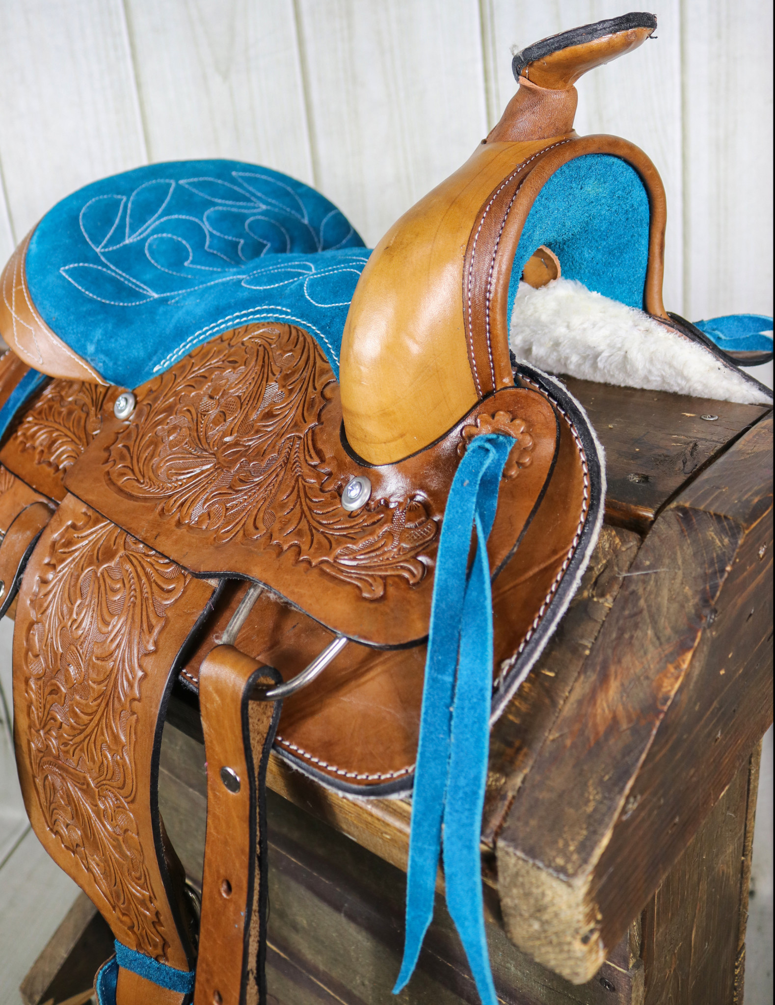 12" Western Youth Barrel Saddle-Genuine Leather-H/stall+B/Collar-BLUE 