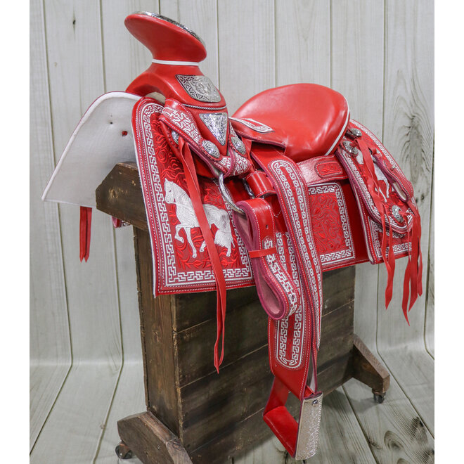 14.5" Montura Silla Charra Embroidered Red Charro Saddle Caballo