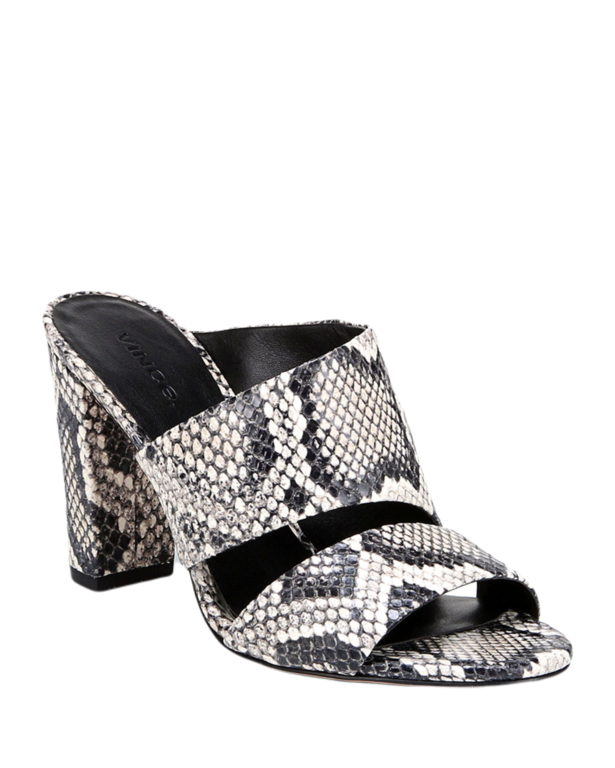 VINCE SHOES HIRO SNAKE-PRINT LEATHER MULE SANDALS