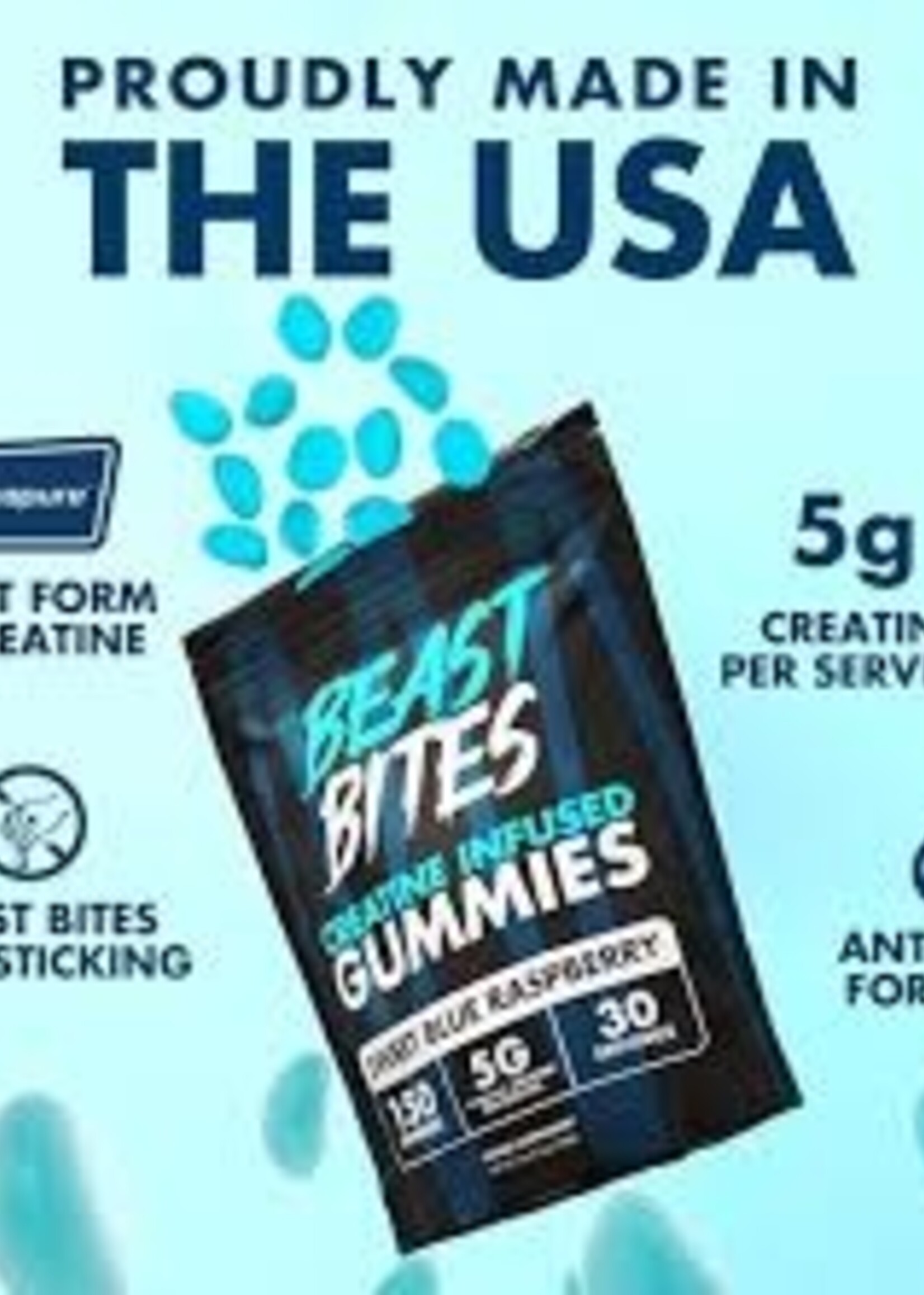 Beast Bites Creatine Infused Gummies Sweet Blue Raspberry (30 serving)