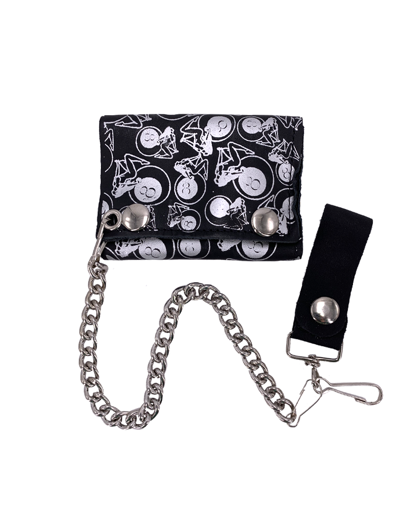 Girls and 8 Ball Leather Tri-Fold Chain Wallet Black