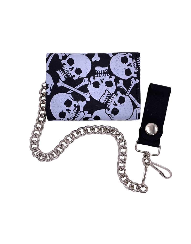 Multi-Skull and Crossbones Leather Tri-Fold Chain Wallet