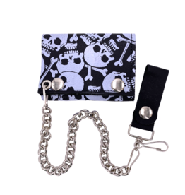 Multi-Skull and Crossbones Leather Tri-Fold Chain Wallet