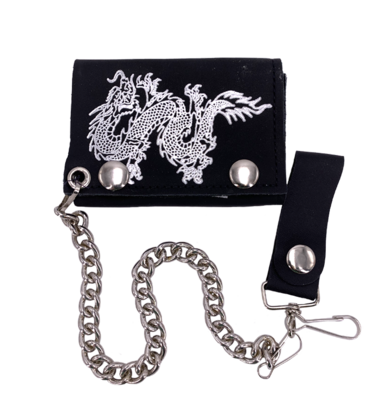 Oriental Dragon Leather Tri-Fold Chain Wallet