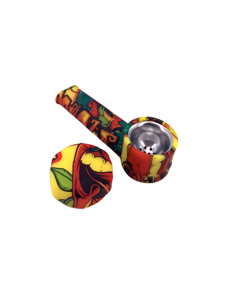 3.5 Silicone Hand Spoon Pipe w/Glass Bowl & Cap -Mardi Gras Skull Des