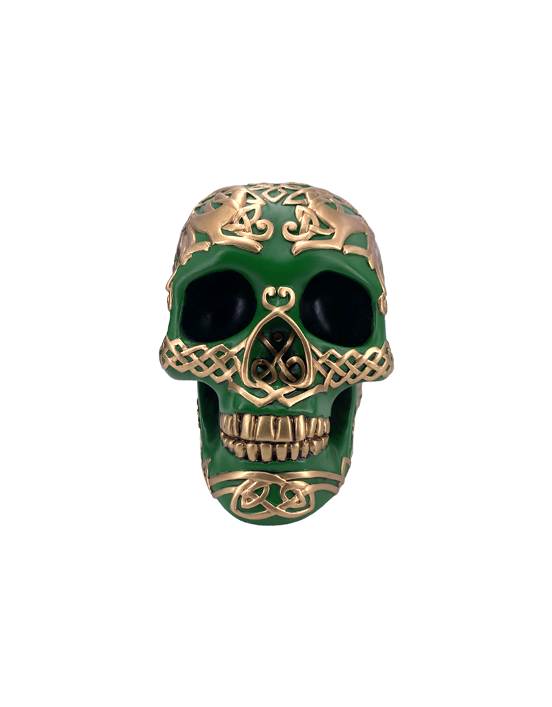 Celtic Skull Statue Green and Gold 5"H