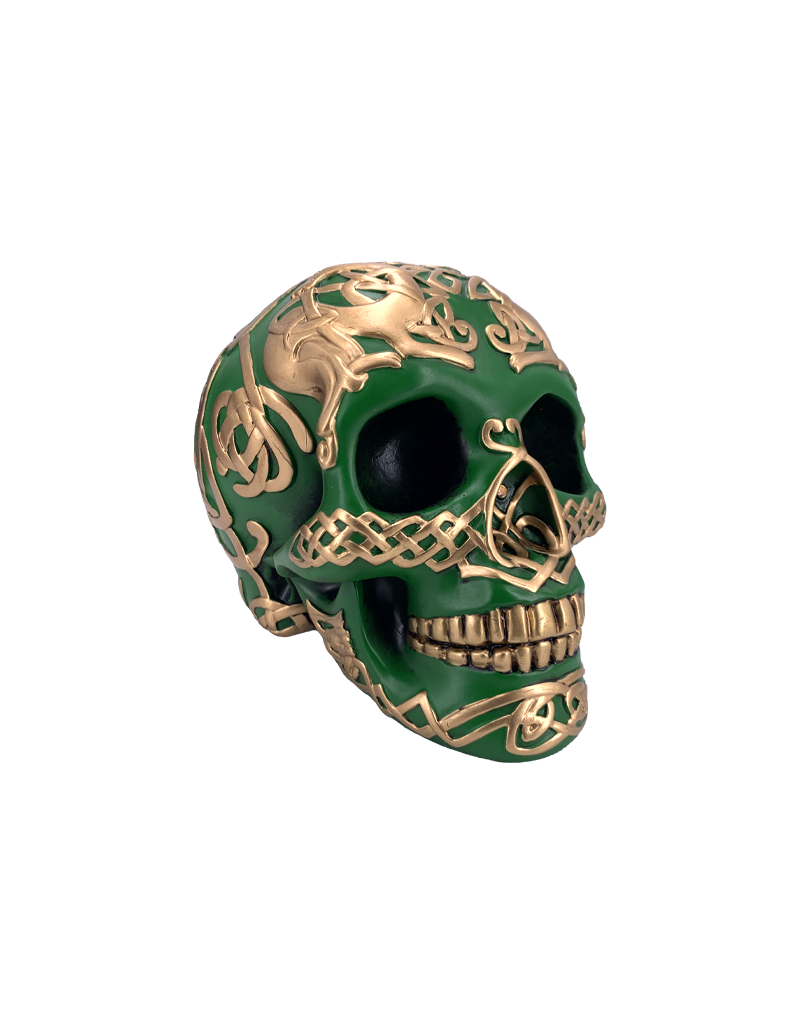 Celtic Skull Statue Green and Gold 5"H