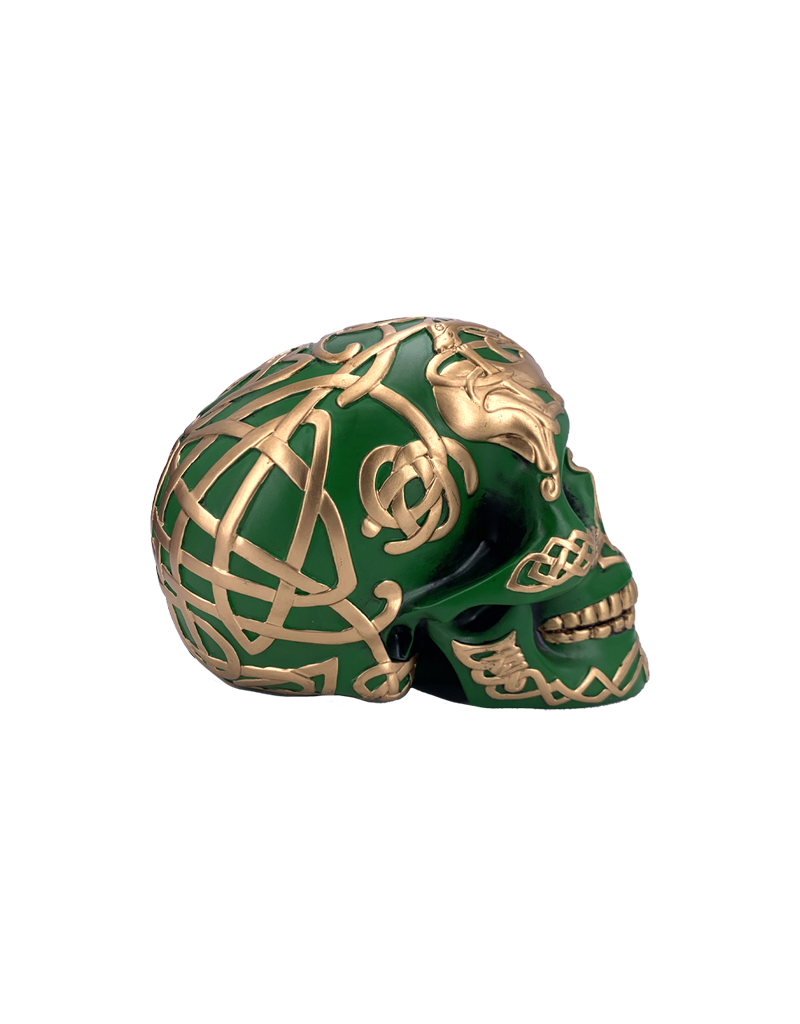 Celtic Skull Statue Green and Gold 5"H