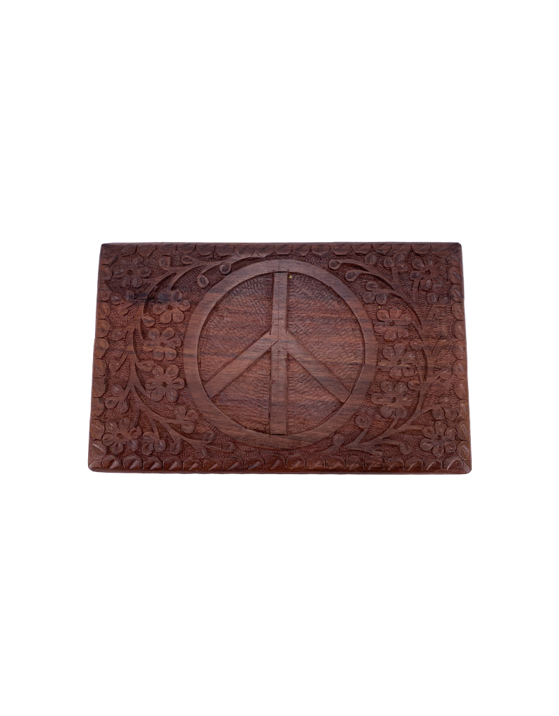 Peace Sign Carved Wooden Box Large 8" x 5"