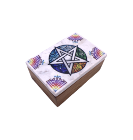 Pentacle Wooden Storage Box with Marble Lid 6"L