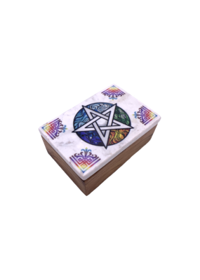 Pentacle Wooden Storage Box with Marble Lid 6"L