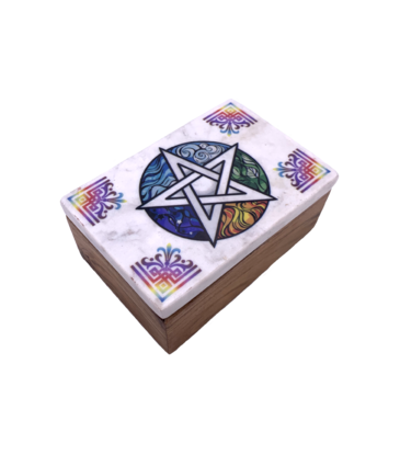 Pentacle Wooden Storage Box with Marble Lid 6"L