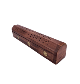 Brass Om Symbol Inlay Wood Incense Coffin