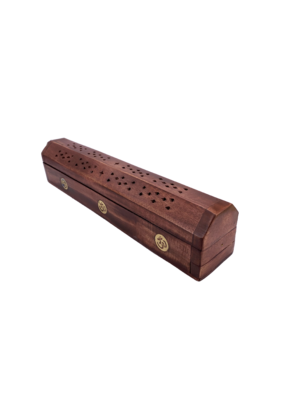 Brass Om Symbol Inlay Wood Incense Coffin