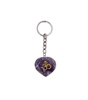 Amethyst Om Symbol Carved Heart Shaped Keychain