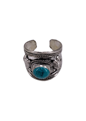 Turquoise Stone Tibetan Ring White Metal