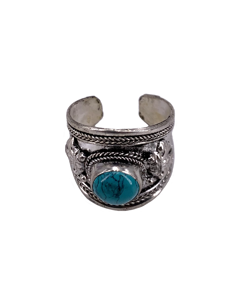 Turquoise Stone Tibetan Ring White Metal