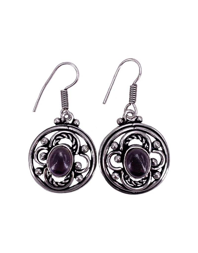 Dache's Amethyst Stone Tibetan White Metal Earrings