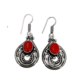 Aden's Red Coral Tibetan White Metal Earrings