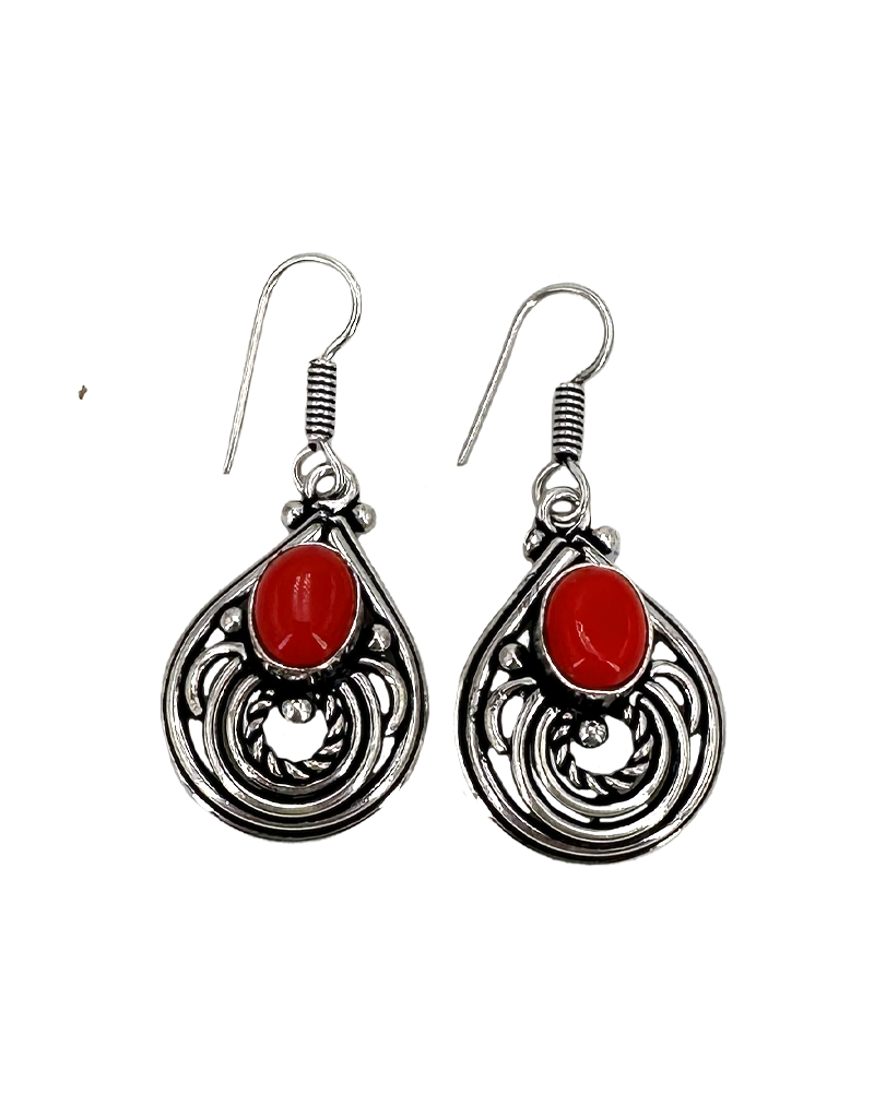 Aden's Red Coral Tibetan White Metal Earrings