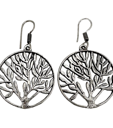 Tree of Life White Metal Earrings