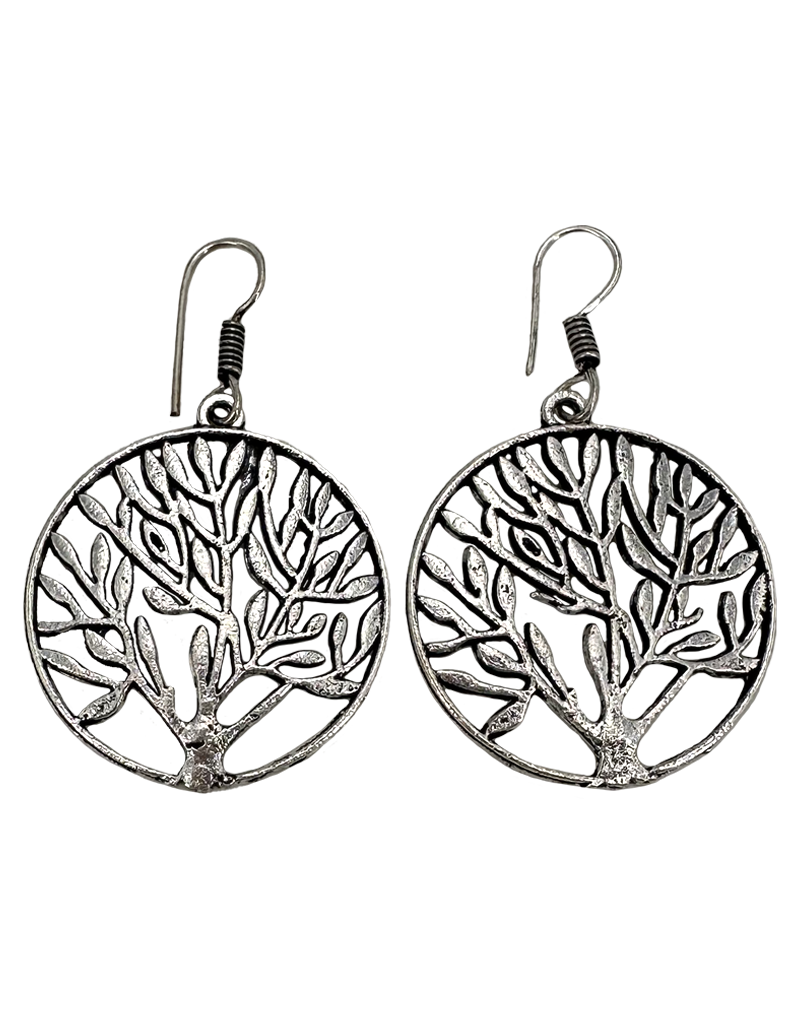 Tree of Life White Metal Earrings