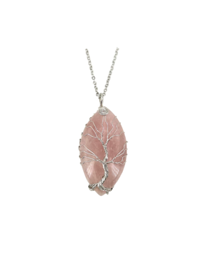Oval Rose Quartz Tree of Life Wire Wrapped Necklace